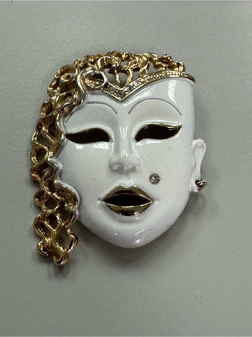 Vintage Gold and White Venetian Mask Face Pendant - Women Jewelry